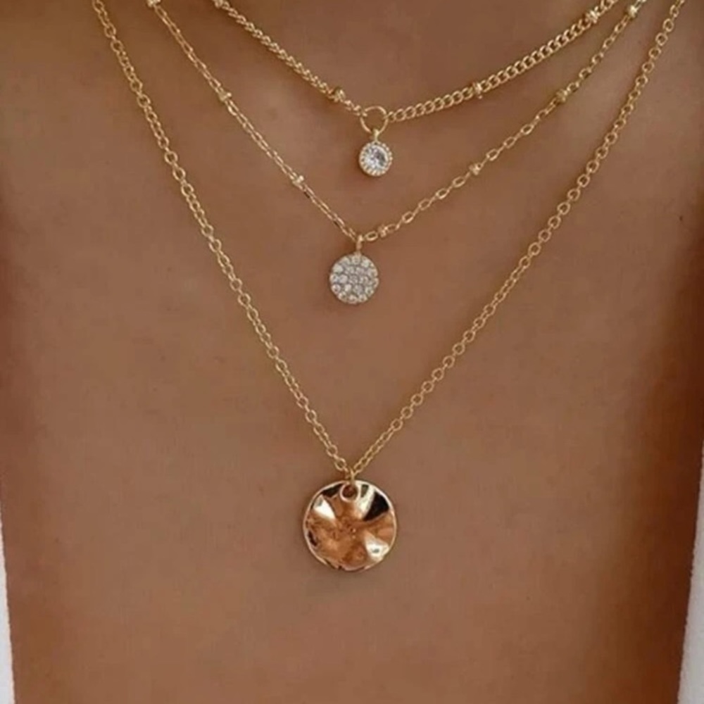 3 Layer Gold Pendant Necklace with Rhinestones